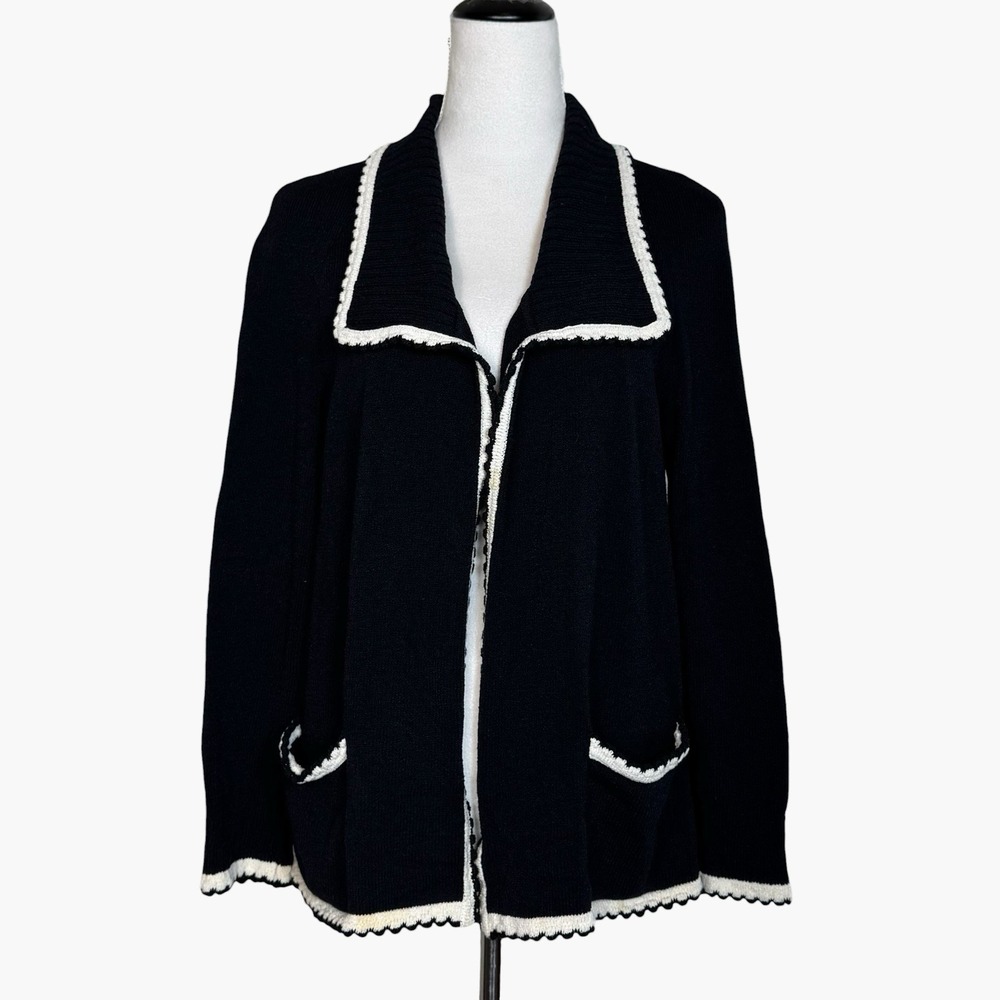St. John Sport Black White Open Jacket Blazer Cardigan Size M Wool Santana Knit